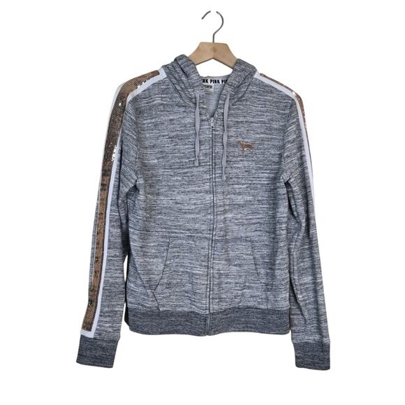 PINK Victoria's Secret Women's M Gray Sequined Zip Front Hoodie Jacket - Picture 1 of 8